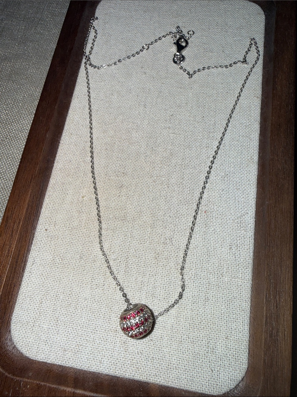 Italian 925 Silver Chain Necklace w/ Pandora Red Clear CZ Ball Charm